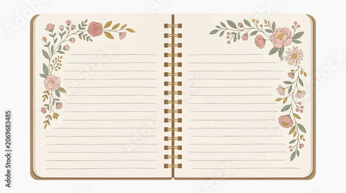 Open Spiral Notebook with Floral Borders and Lined Pages for Writing Notes and Journaling