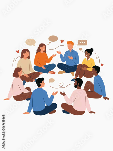 Diverse group of people sitting in a circle sharing ideas and communicating with speech bubbles and hearts