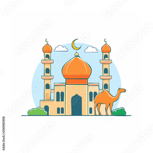 Flat illustration of mosque with camel and crescent moon