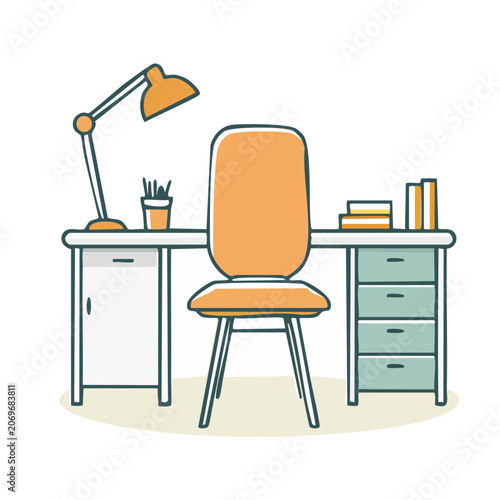 Flat illustration of office desk setup with chair and lamp