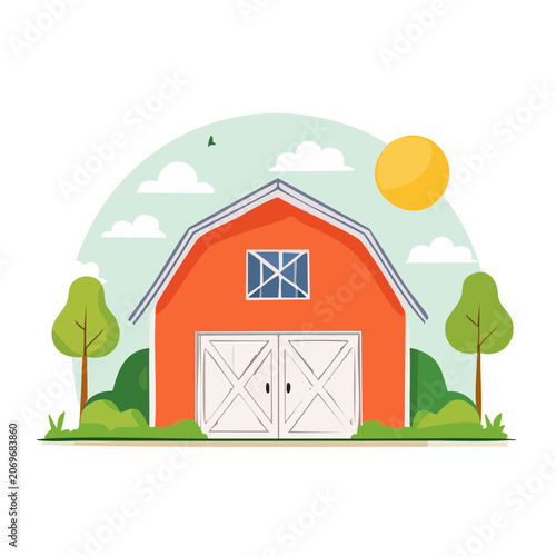 Red barn with trees and sunny sky, flat illustration