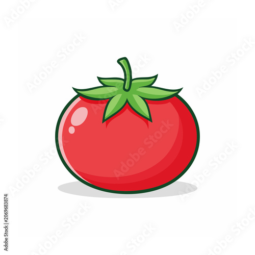 Red tomato with green leaf and stem vector illustration