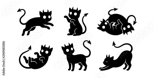 Six stylized black cat silhouettes with devil horns and tails are depicted in various playful poses on a plain surface demonic cute cartoon graphic illustration icon animal