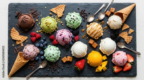 Assortment of Gourmet Ice Cream Scoops with Fresh Fruits and Chocolate Drizzled on a Dark Slate