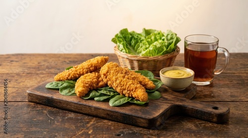 Crispy Fried Chicken Fingers with Mustard Dip and Fresh Salad on Rustic Wooden Board