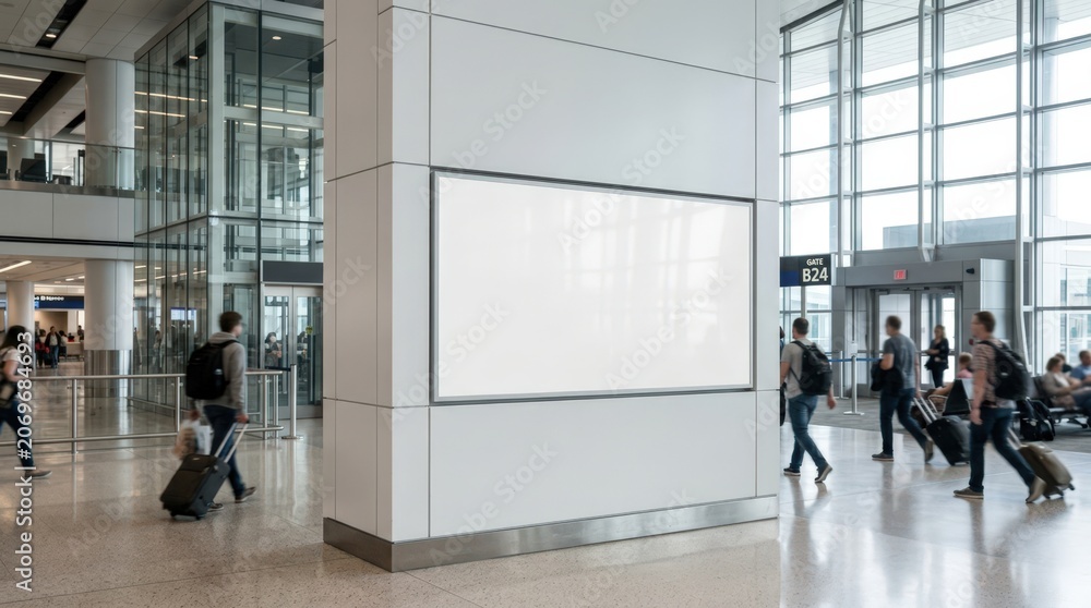 Naklejka premium Blank Billboard Mockup in Airport Terminal with Passengers