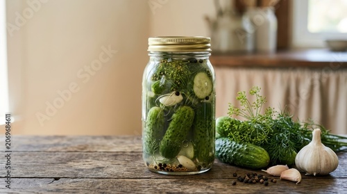 Homemade Pickles in a Jar with Fresh Dill and Cucumbers on a Wooden Table