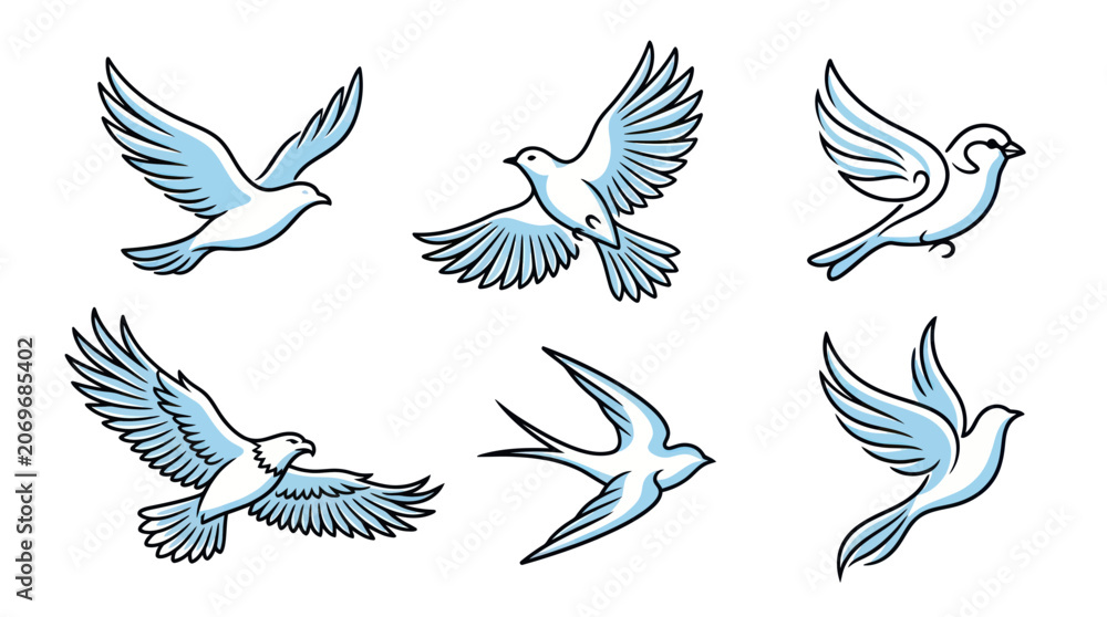 Obraz premium Set of Birds: Doves, Eagle, Swallow in Flight, Vector Illustrations