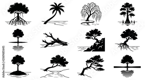 Collection of various tree silhouettes for design projects.