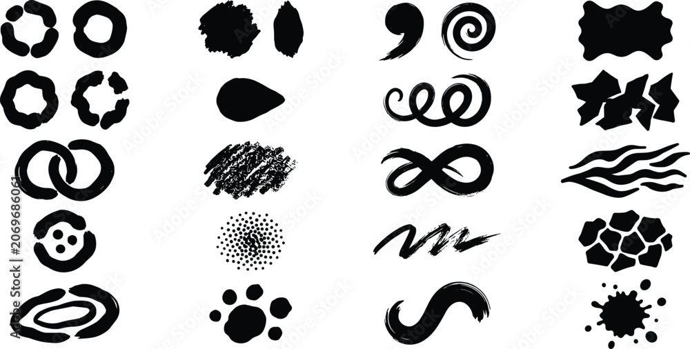 Fototapeta premium Abstract Brush Stroke Shapes Set with Hand Drawn Circles Swirls Splatters and Organic Blob Doodle Elements for Design Backgrounds