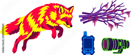 Fotografía Pouncing Red Fox Wildlife Tracking and Nature Research Vector Illustration Set F