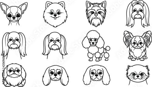 Konstfotografi Adorable Dog Face Head Coloring Vector Set with Cute Cartoon Puppy Breed Portrai