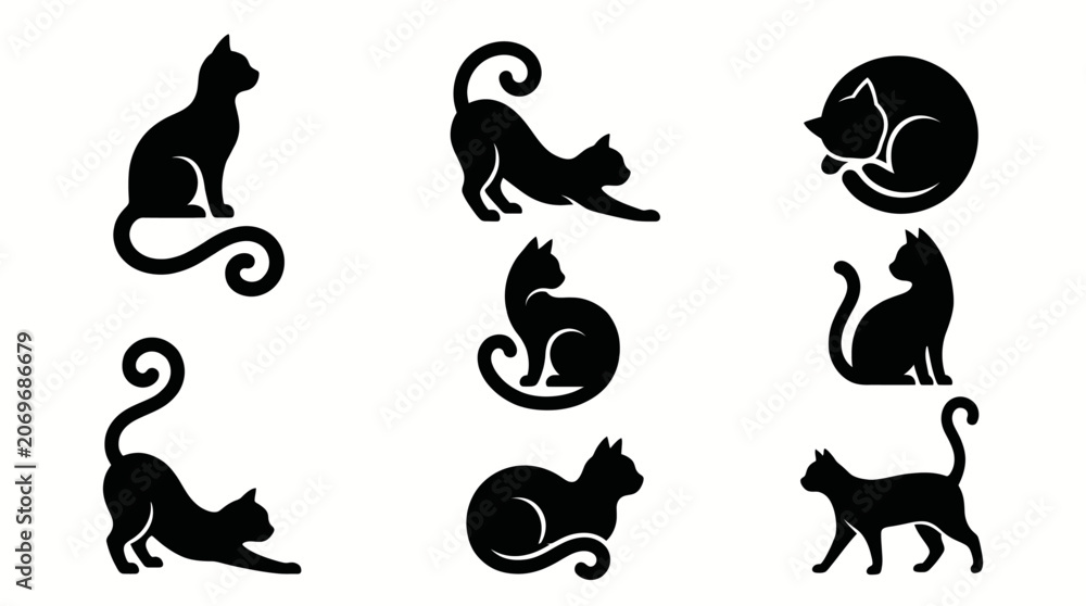Obraz premium Minimalist Black Cat Silhouette Icon Set