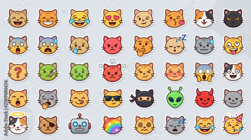 Flat Cat Face Emoji Icon Collection Vector