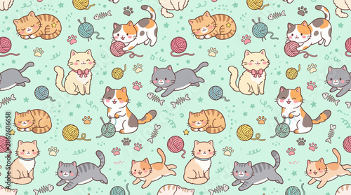 Seamless Cat Pattern with Paw Prints and Fish Bones