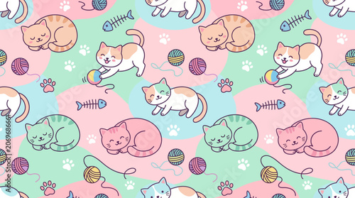 Seamless Cat Pattern with Paw Prints and Fish Bones