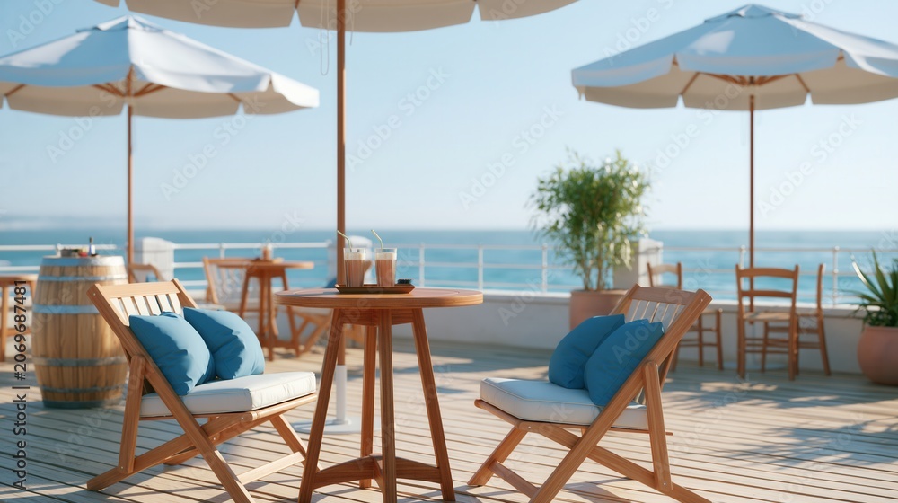Fototapeta premium Empty seaside cafe terrace with wooden furniture and white umbrellas overlooking the ocean