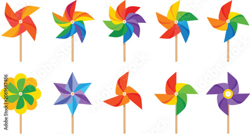 Quadro su tela Colorful pinwheel vector toy set with rainbow paper windmills on wooden sticks i