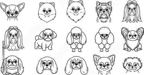 Quadro su tela Cute Dog Faces and Full Body Cartoon Vector Set with Small Breed Puppy Outline I
