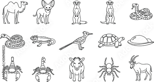 Fotografie Desert Animals Coloring Page Line Art Set with Camel Fennec Fox Meerkat Snake Li