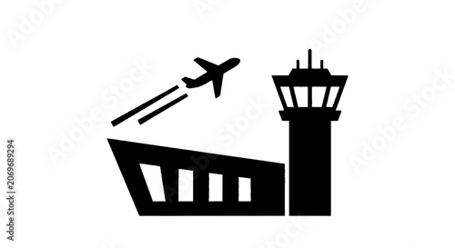 Minimal black silhouette icon, simple flat vector, bold black shape, no, no shading airport icon with airplane and control tower on a, flat icon style
