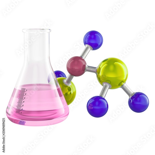 Obraz na płótnie Erlenmeyer flask with pink chemical liquid and 3d molecule model isolated on white background image