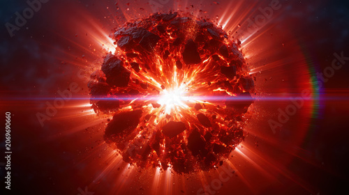 Exploding lava sphere fiery burst glowing fragment red fireball cosmic explosion dramatic light molten rock dark background hot energy