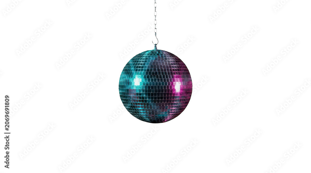 Fototapeta premium Hanging Disco Ball Reflecting Pink and Teal Lights, Party Decoration