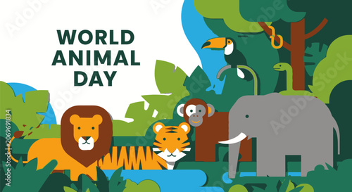 Cartoon Illustration of Diverse Wildlife Animals for World Animal Day.