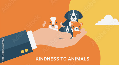 A businessman holding cute small puppies in his hand representing kindness to animals.