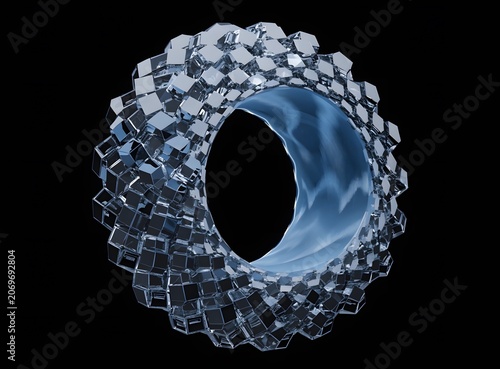 3d geometric ring with metallic texture and blue center hole