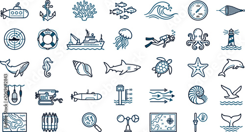 Canvas-taulu Ocean Research Icon Set with Submarine Diver Whale Shark Coral Lighthouse and Ma