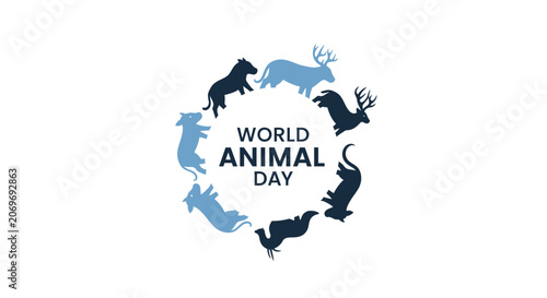 World Animal Day celebration graphic with circular arrangement of wildlife silhouettes.