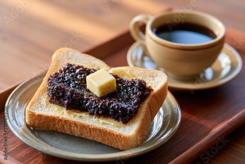 Tactile Japanese Breakfast: Anmitsu Dessert Toast with Butter Spread on Wooden Tray for Tea Time Sweet Delight