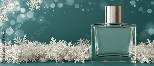 Elegant Winter Fragrance in Glass Bottle: Holiday Gift Ideas with Snowflakes on Blue Background and Bokeh Effect