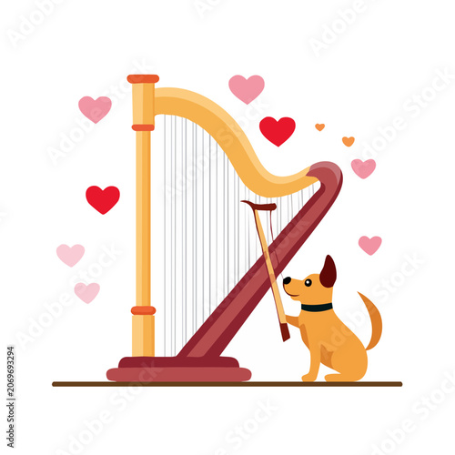 Cartoon dog playing a harp with floating hearts