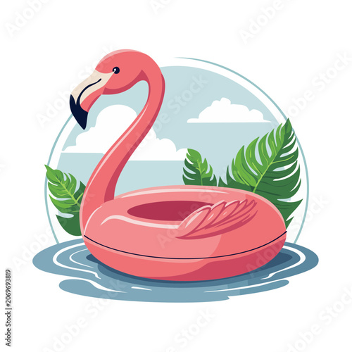 Pink flamingo float with tropical leaves illustration