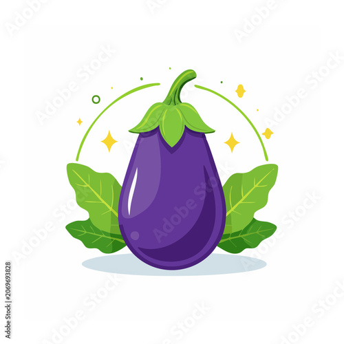 Purple Eggplant with Green Leaves Flat Vector Illustration