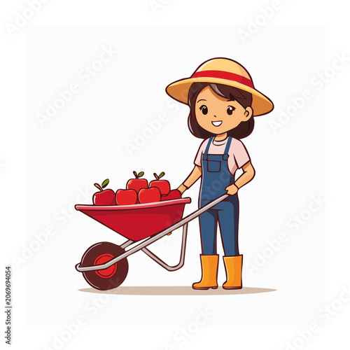 Cartoon Farmer with Wheelbarrow of Apples