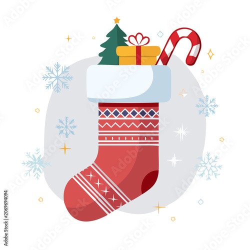 Christmas stocking with gifts and candy cane illustration