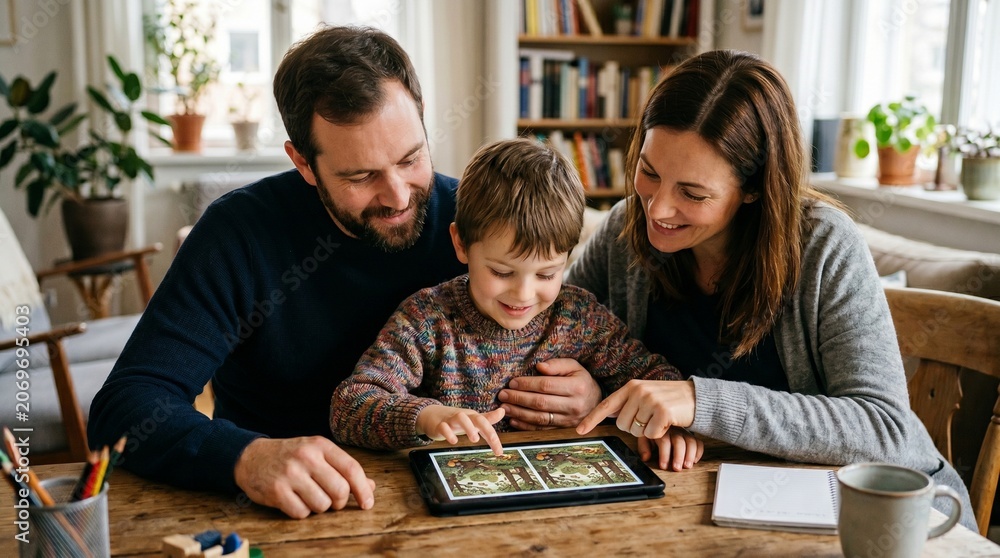 Fototapeta premium Happy family bonding over a tablet game at home, parents and child engaged in digital fun together