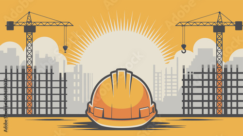 Fotografi Illustration of a vibrant construction site at sunrise with towering cranes, buildings under development, and a prominent safety hard hat