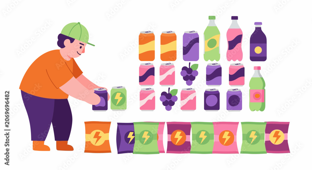 Fototapeta premium Man organizing various colorful soft drinks cans and snack packs illustration