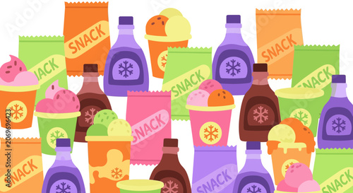 Variety of colorful snacks drinks and ice cream cups vector illustration