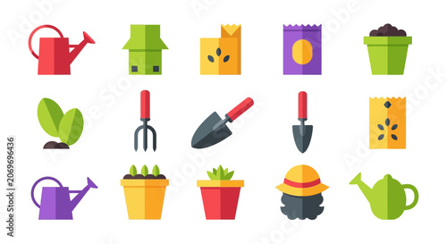 Flat gardening icons set with tools seeds and plants for landscaping projects