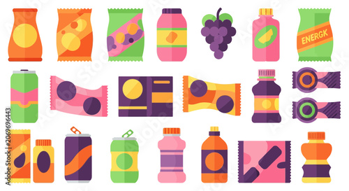 Flat Vector Illustration Set of Assorted Snacks and Healthy Drinks