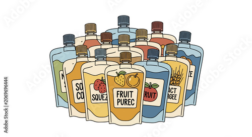 Colorful assortment of fruit puree squeeze pouches for healthy snacking