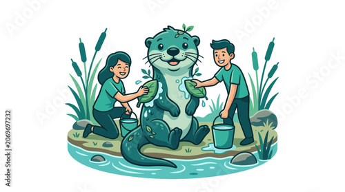 People Washing a Friendly Otter by a Riverbank