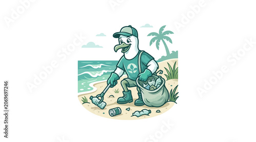 seagull cleaning beach pollution