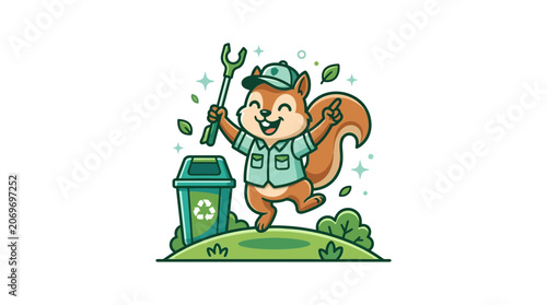 Squirrel in uniform with wrench and recycling bin